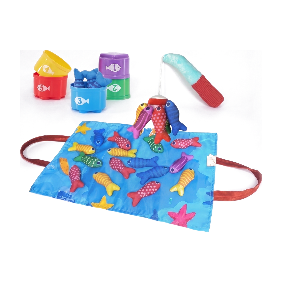 Everything in the box — fishing mat, 15 soft fish, five numbered stacking cups and the plush rod
