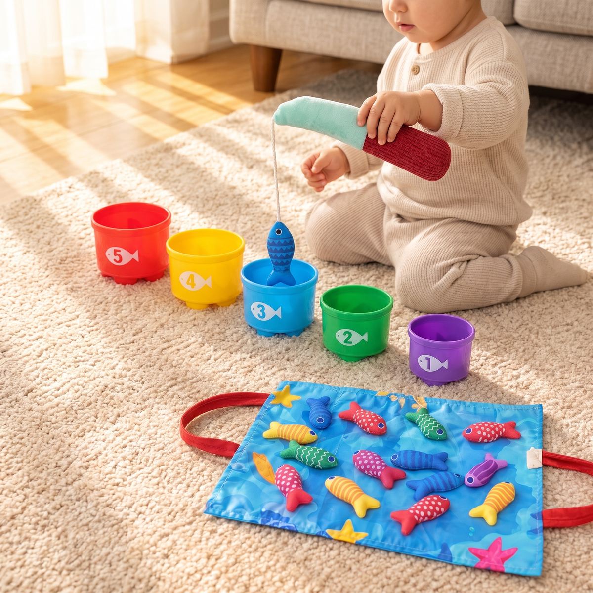 A toddler on a living room rug catching a soft fabric fish with the plush rod, the five numbered stacking cups lined up beside the blue play mat
