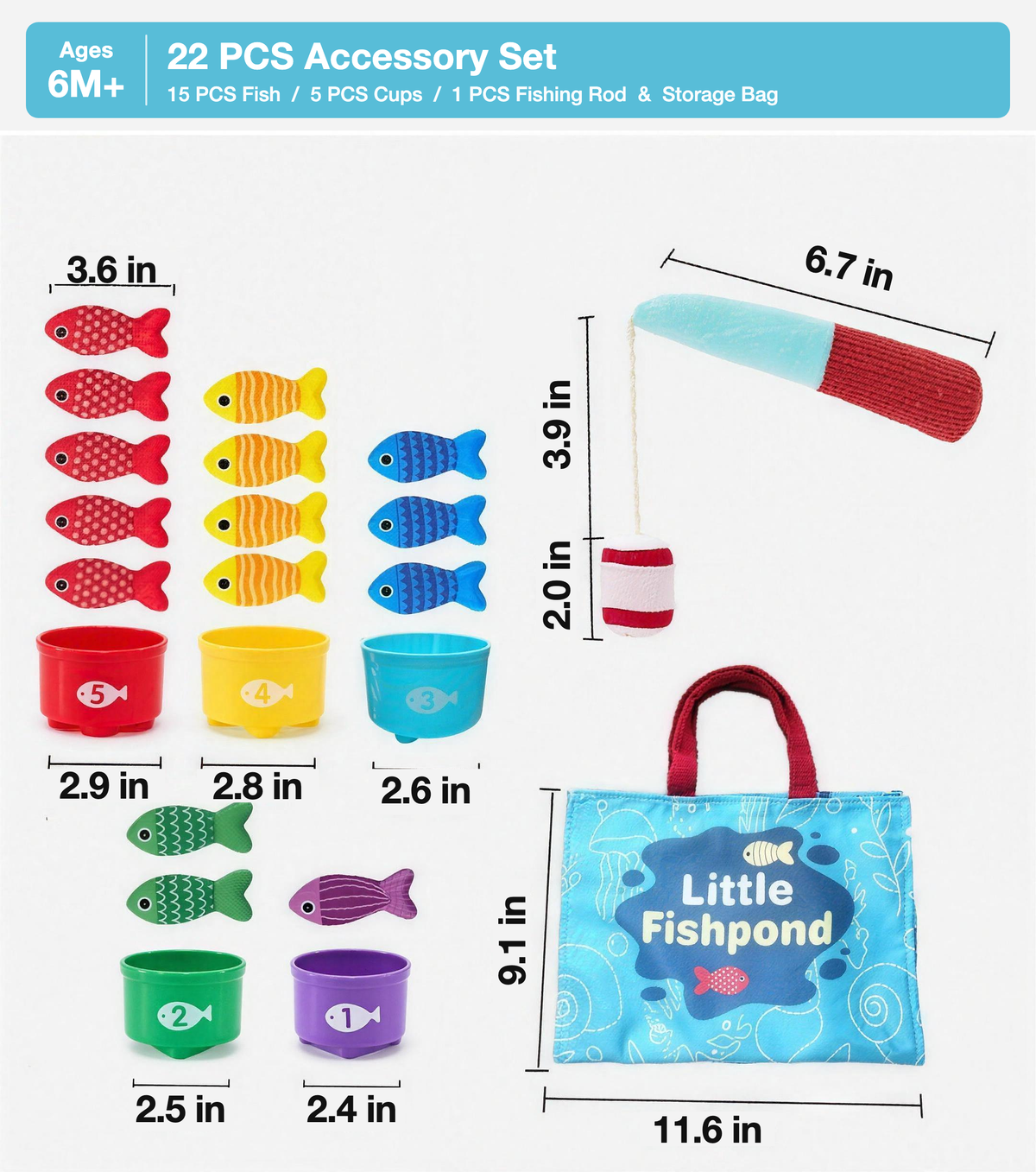 Ages 6 months and up — 22-piece set with measurements: fabric fish 3.6 in, plush rod 6.7 in, stacking cups 2.4 to 2.9 in, carry bag 11.6 by 9.1 in